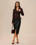V-Neck Blouse with Black Floral Print