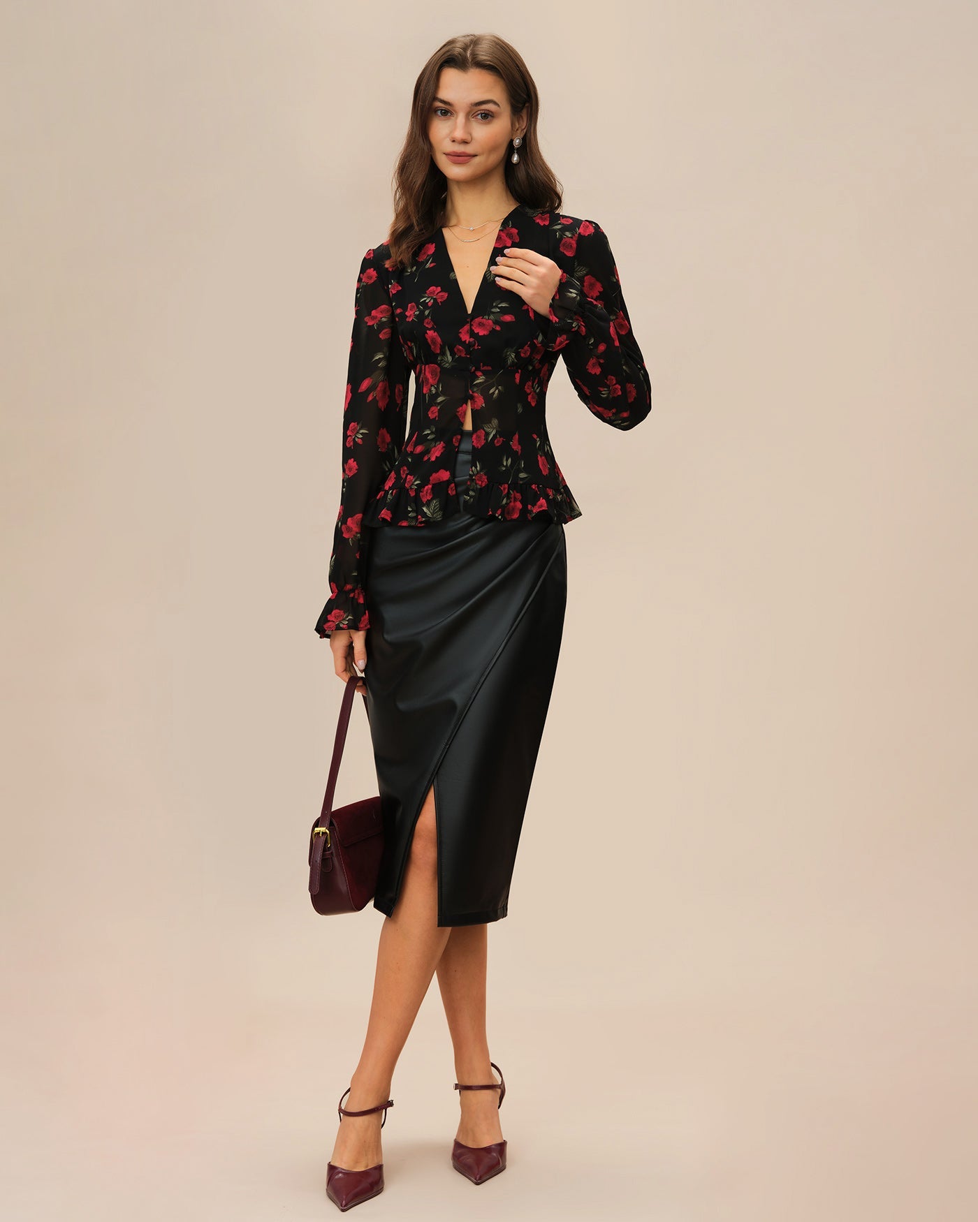 V-Neck Blouse with Black Floral Print