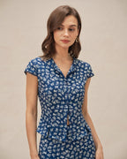 Floral Print Cap Sleeve Button-Up Blouse in Blue