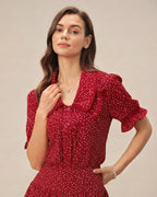 Polka Dot Collar Blouse with Red Puffed Sleeves