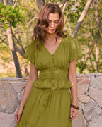 Ruched V-Neck Blouse in Green
