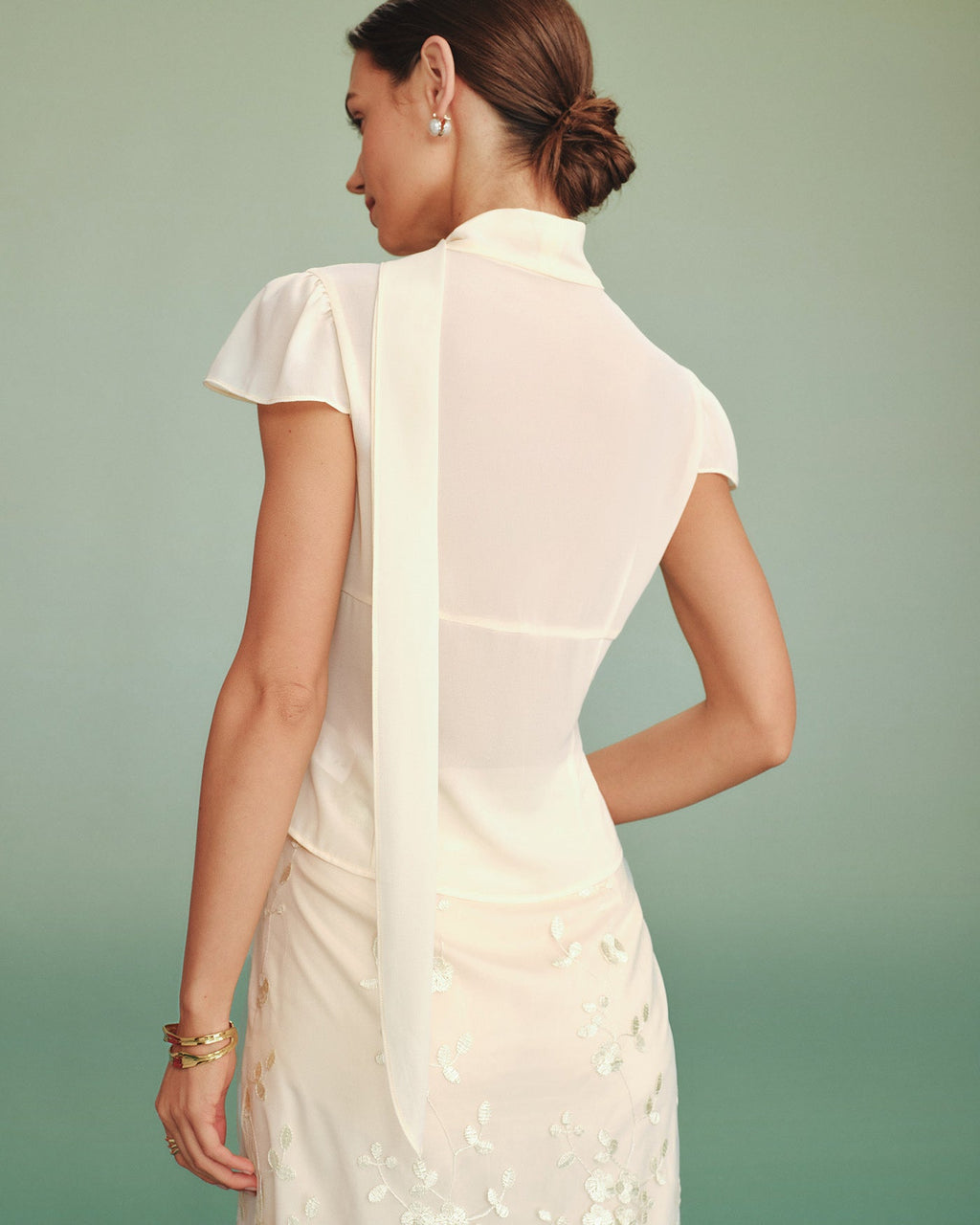 Apricot Chiffon Blouse with Mock Neck and Button Detail