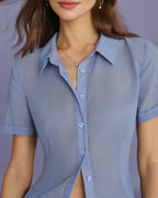 Chiffon Blouse with Blue Collar Detail