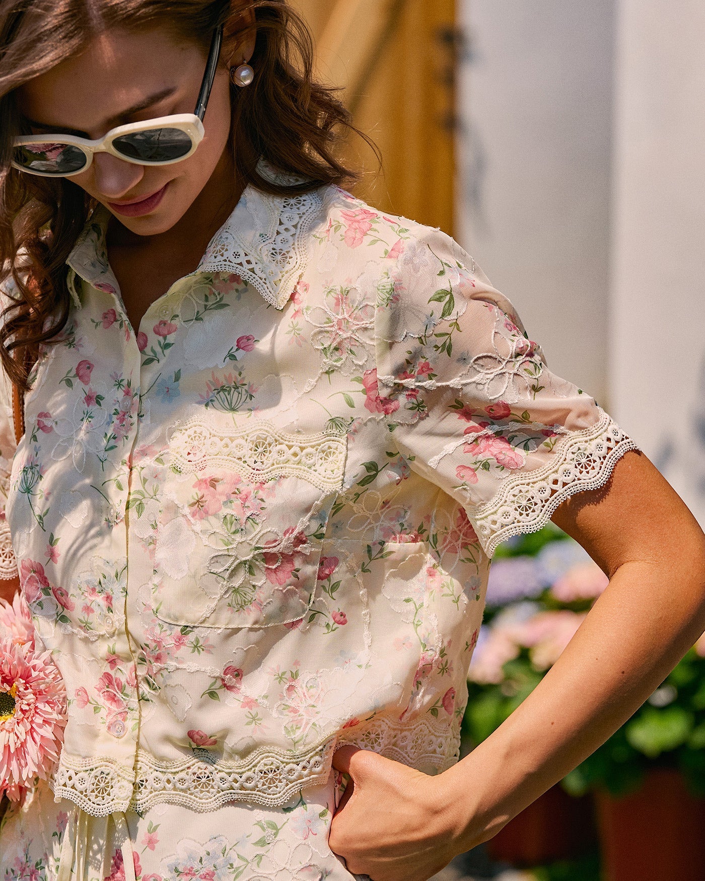 Floral Lace Blouse with Pocket Details