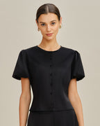Black Satin Blouse with Puffed Sleeves