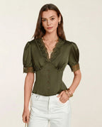 Green Lace Blouse with V-Neck and Puffed Sleeves