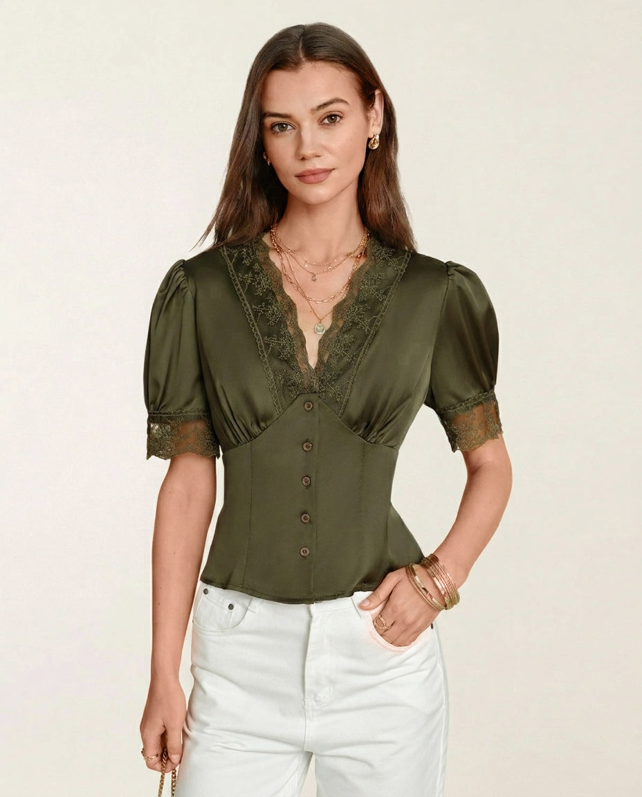 Green Lace Blouse with V-Neck and Puffed Sleeves