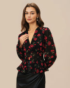 V-Neck Blouse with Black Floral Print