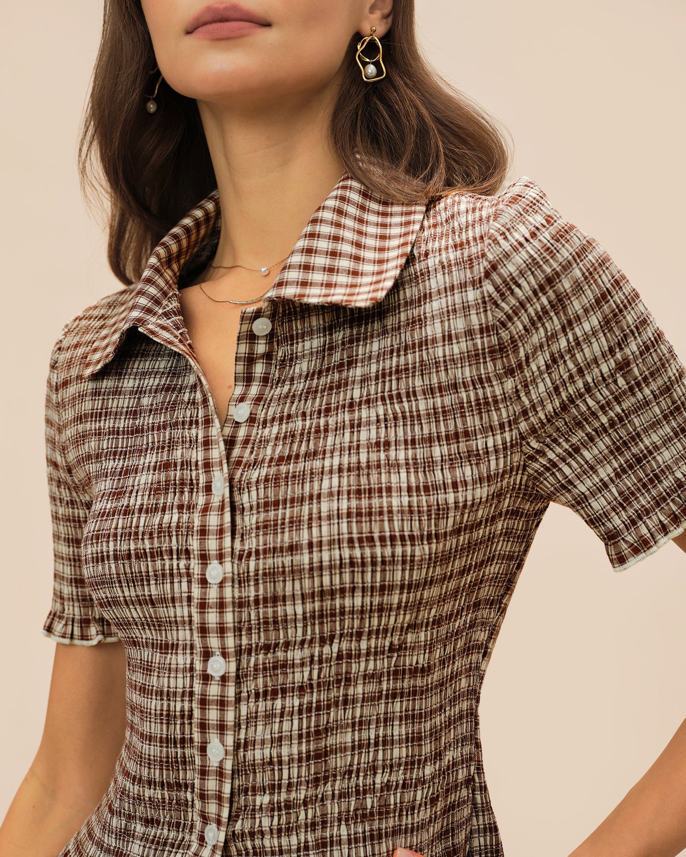 Brown Plaid Blouse with Button Collar