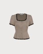 Plaid Square Neck Blouse in Coffee