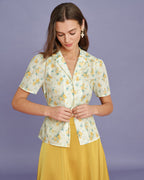 Floral Blouse with Puffed Sleeves and Yellow Collar