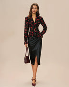 V-Neck Blouse with Black Floral Print
