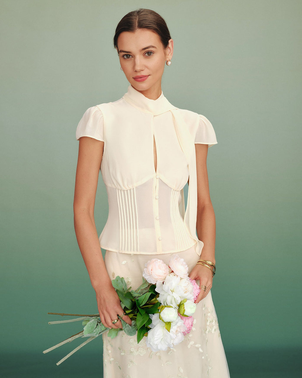 Apricot Chiffon Blouse with Mock Neck and Button Detail