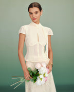 Apricot Chiffon Blouse with Mock Neck and Button Detail