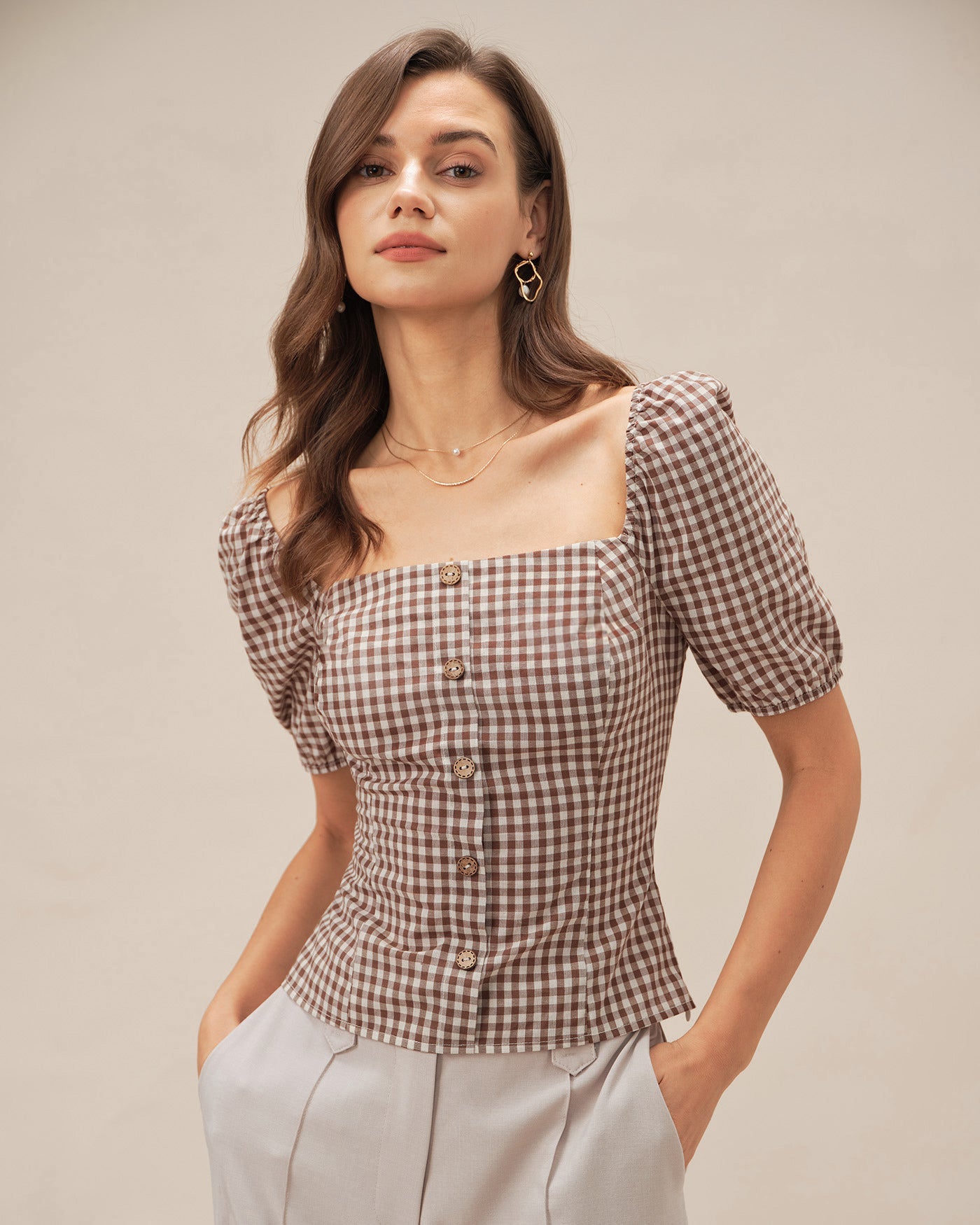 Plaid Blouse with Puffed Sleeves and Square Neck in Brown