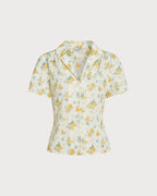 Floral Blouse with Puffed Sleeves and Yellow Collar