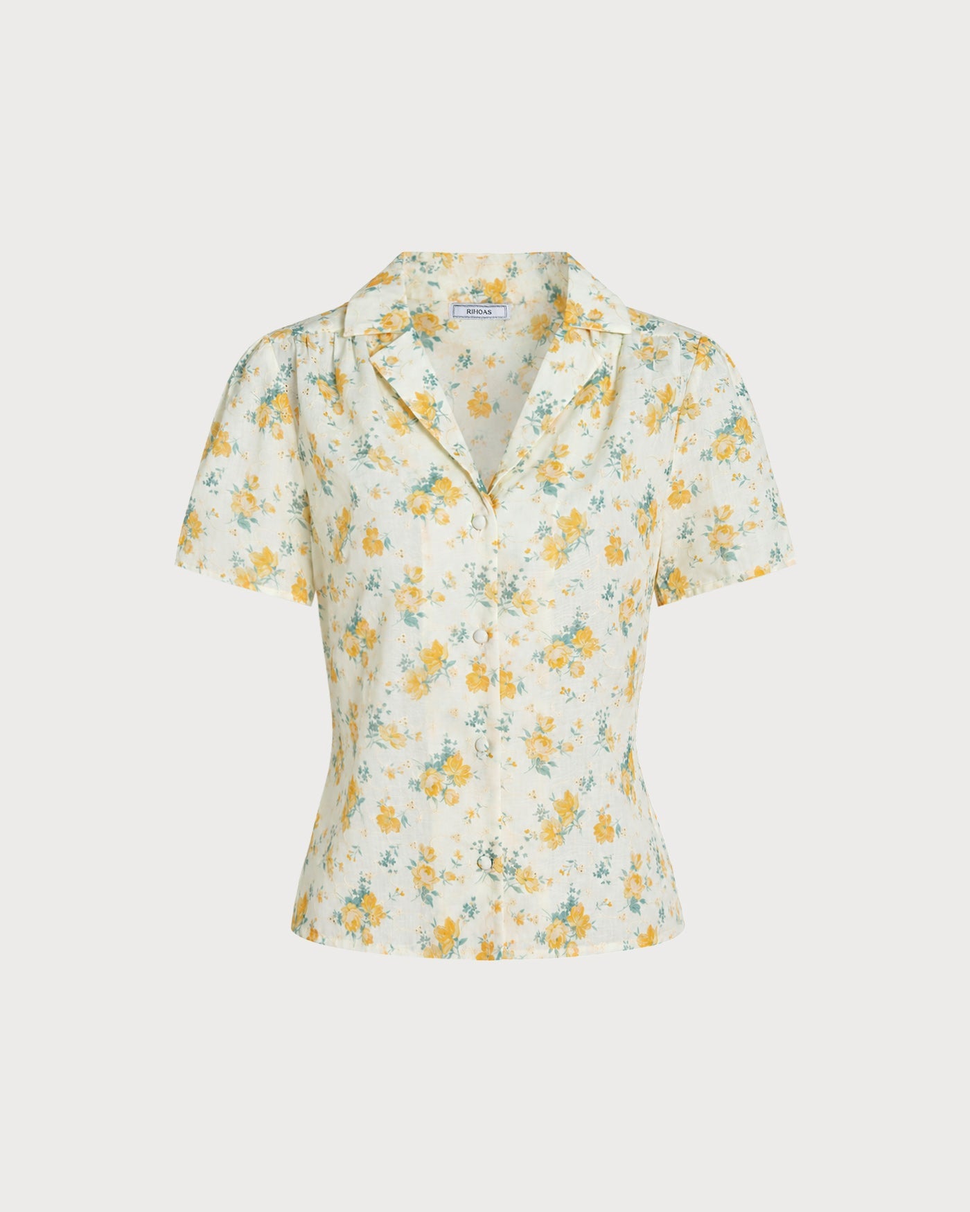 Floral Blouse with Puffed Sleeves and Yellow Collar