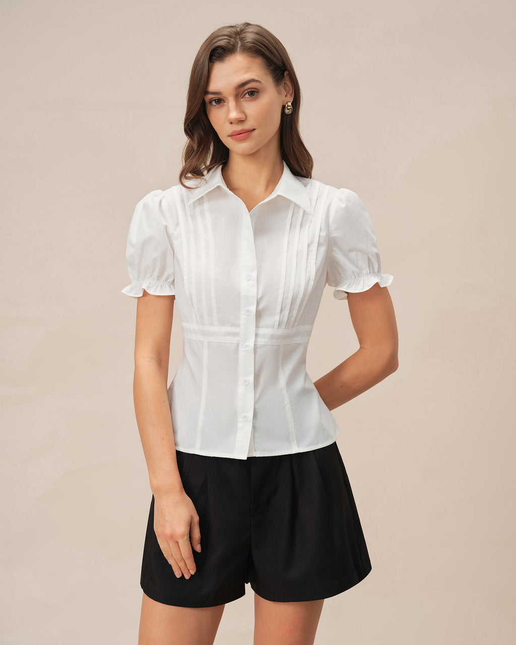 White Blouse with Puffed Sleeves and Collar