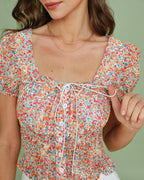 Floral Print Square Neck Blouse with Puffed Sleeves