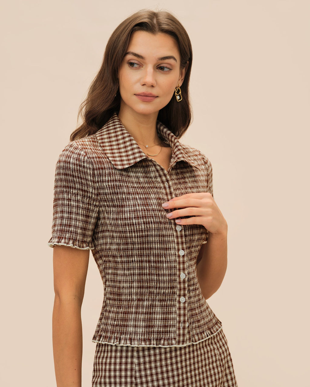 Brown Plaid Blouse with Button Collar