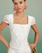 White Jacquard Blouse with Square Neckline