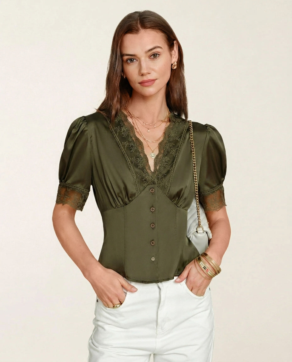 Green Lace Blouse with V-Neck and Puffed Sleeves