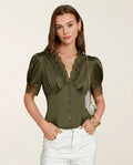 Green Lace Blouse with V-Neck and Puffed Sleeves