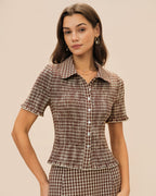 Brown Plaid Blouse with Button Collar