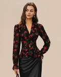 V-Neck Blouse with Black Floral Print