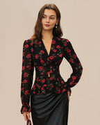 V-Neck Blouse with Black Floral Print