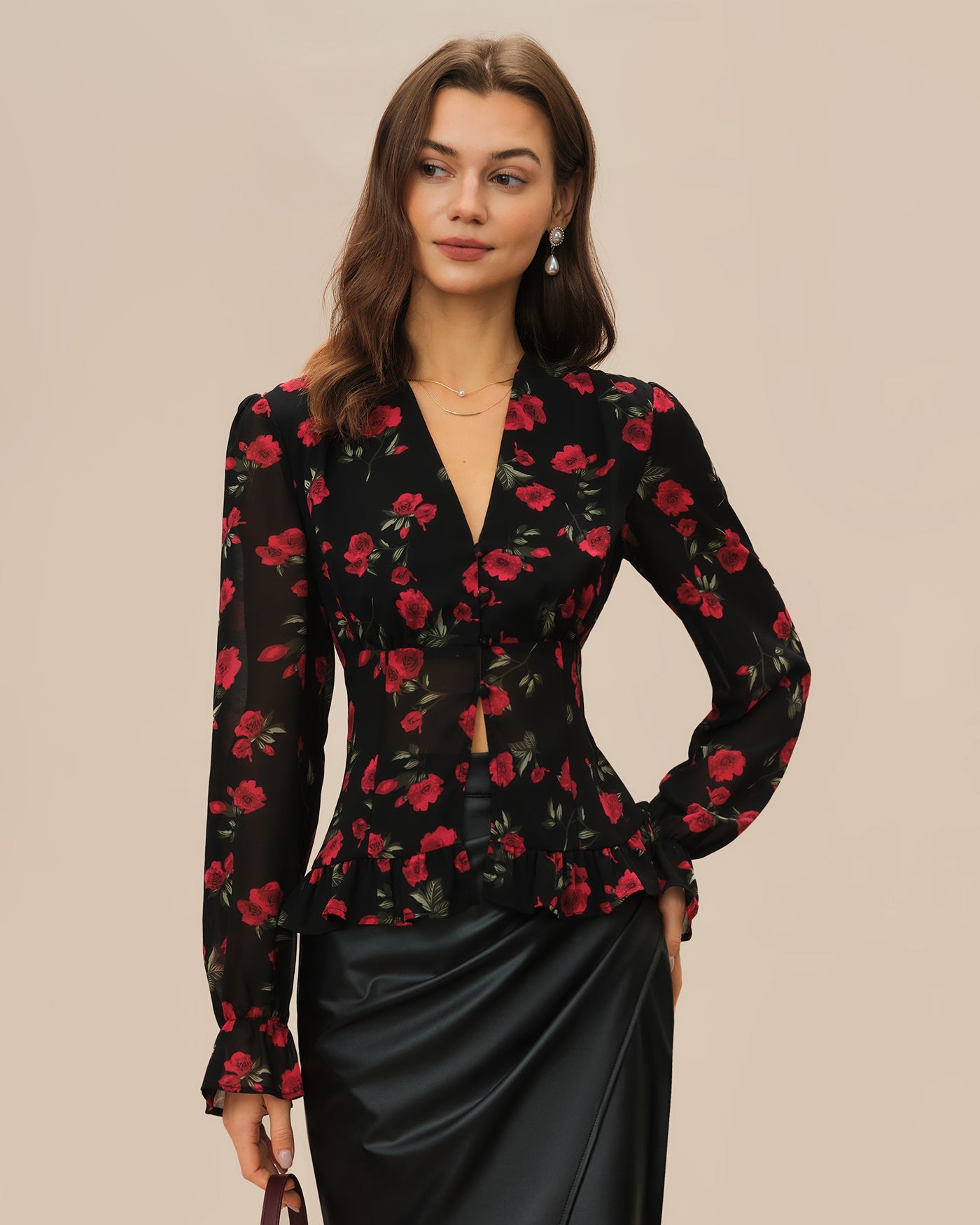 V-Neck Blouse with Black Floral Print