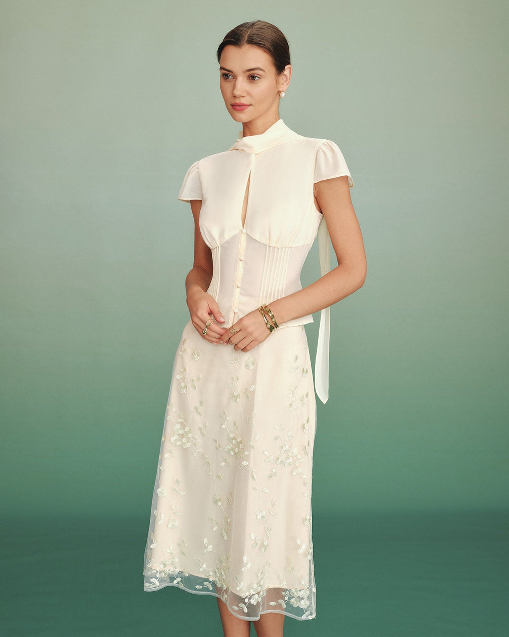 Apricot Chiffon Blouse with Mock Neck and Button Detail