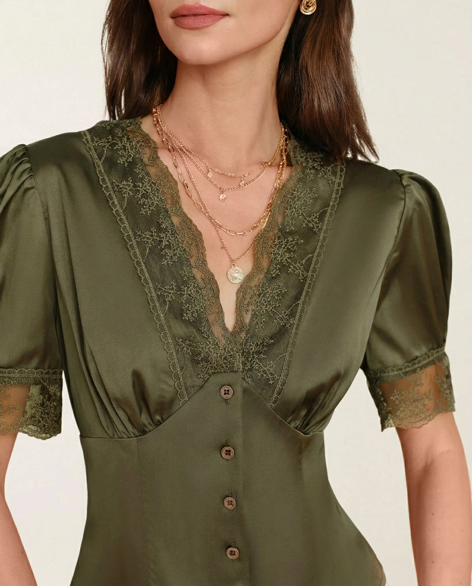 Green Lace Blouse with V-Neck and Puffed Sleeves