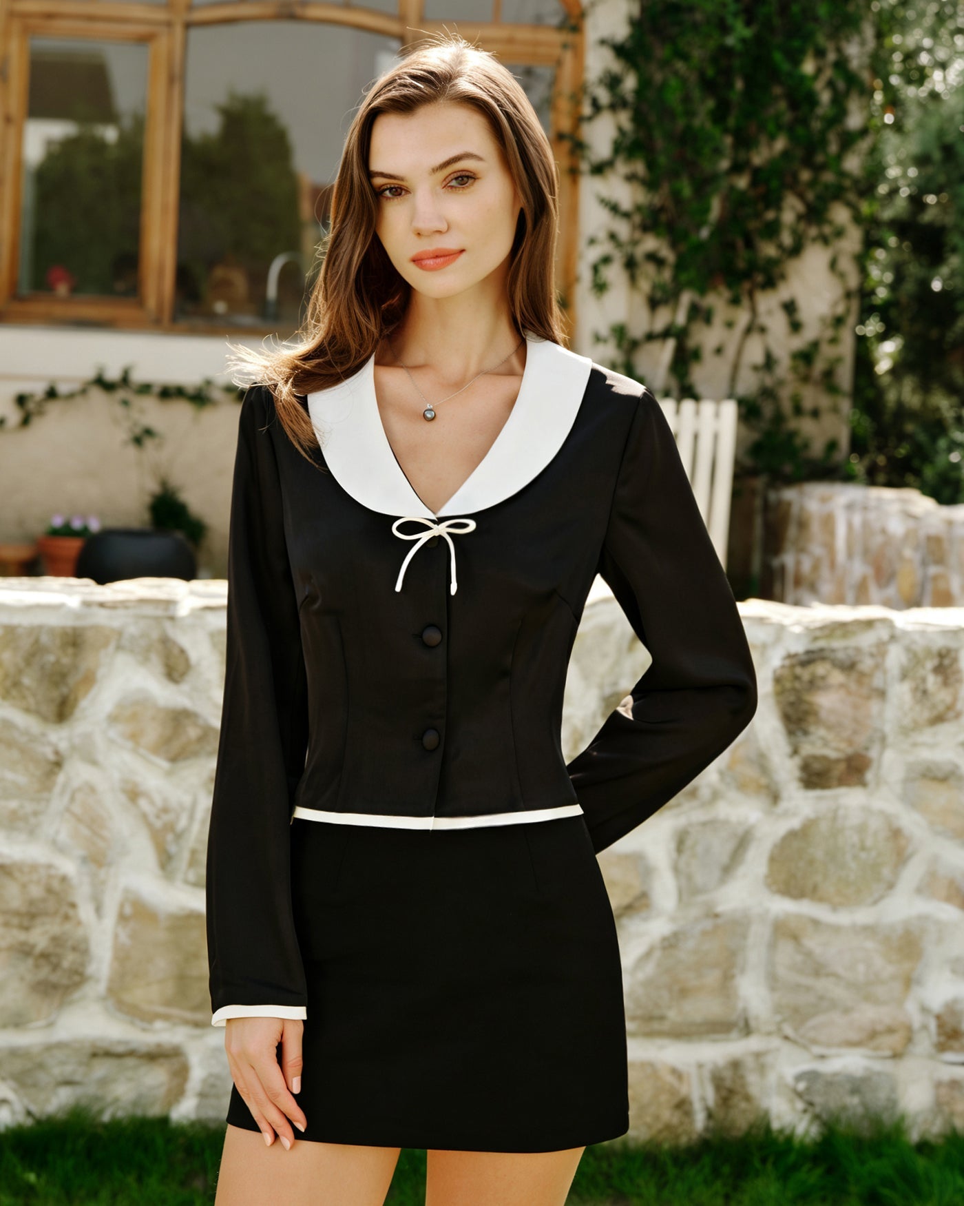 Elegant Satin Blouse with Black Collar