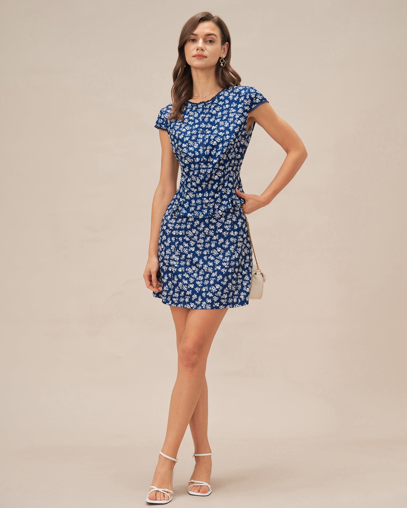Floral Print Cap Sleeve Button-Up Blouse in Blue
