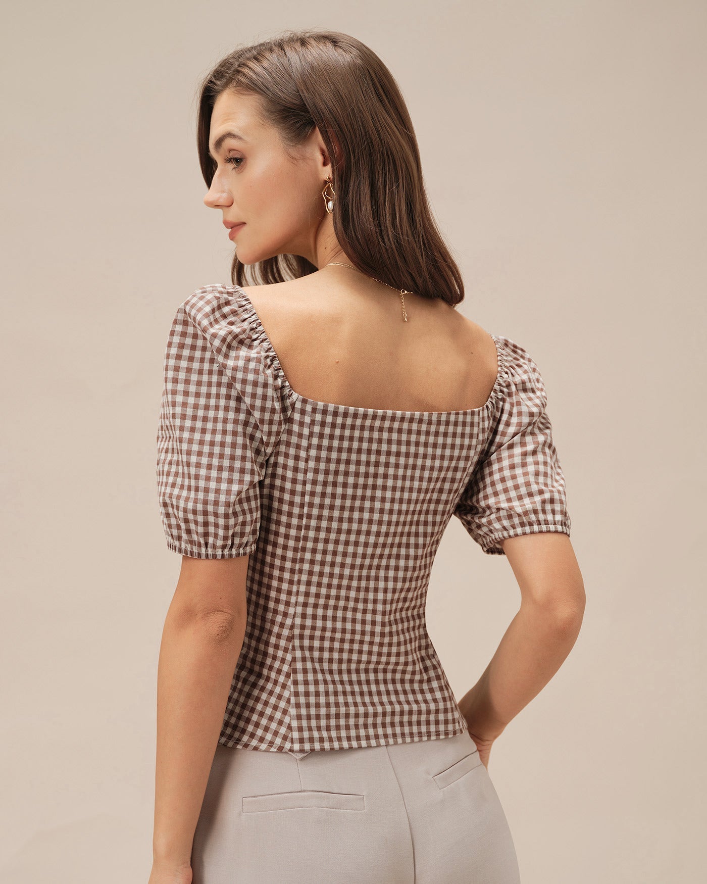 Plaid Blouse with Puffed Sleeves and Square Neck in Brown