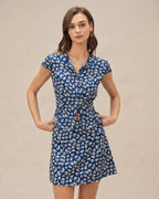 Floral Print Cap Sleeve Button-Up Blouse in Blue