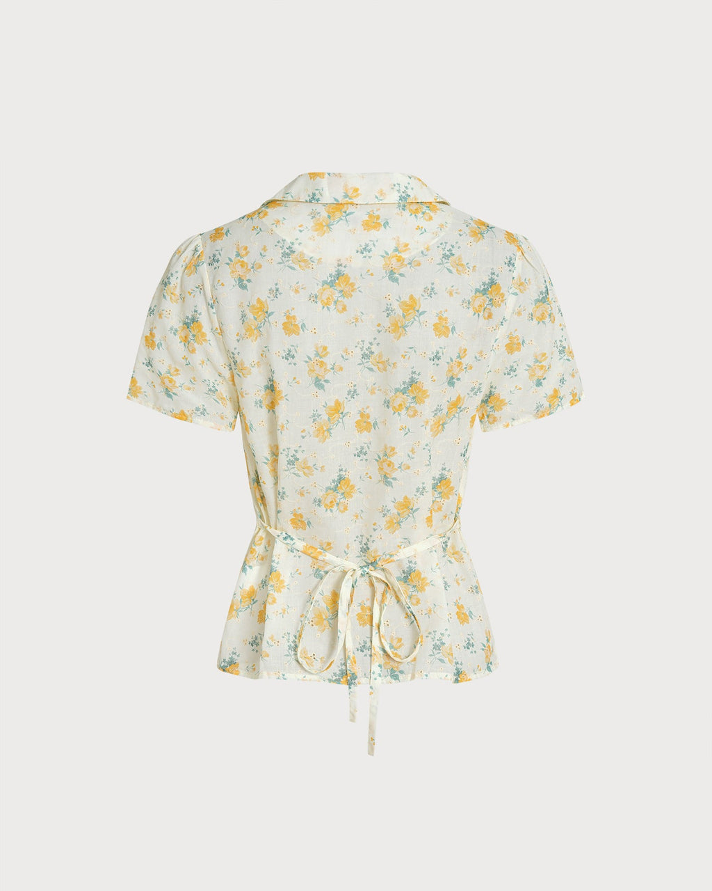 Floral Blouse with Puffed Sleeves and Yellow Collar