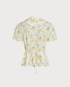 Floral Blouse with Puffed Sleeves and Yellow Collar