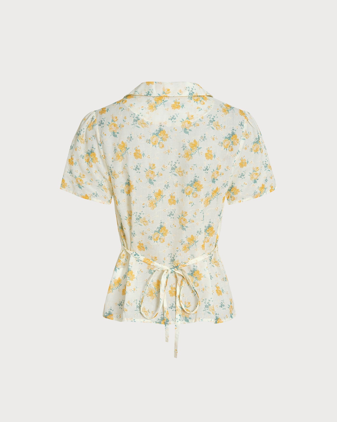 Floral Blouse with Puffed Sleeves and Yellow Collar