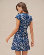 Floral Print Cap Sleeve Button-Up Blouse in Blue