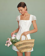 White Jacquard Blouse with Square Neckline