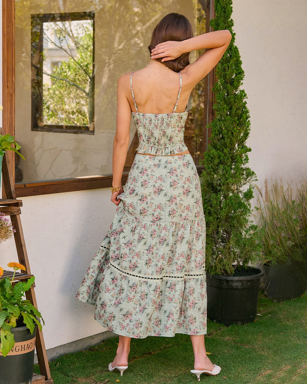 Floral Cami Top with Sweetheart Neckline in Green