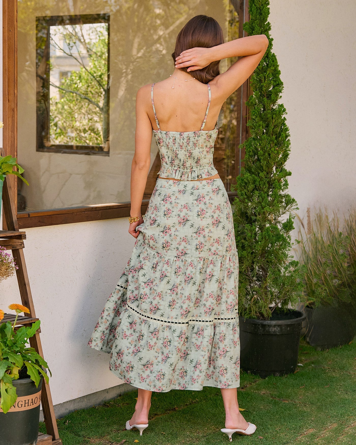 Floral Cami Top with Sweetheart Neckline in Green