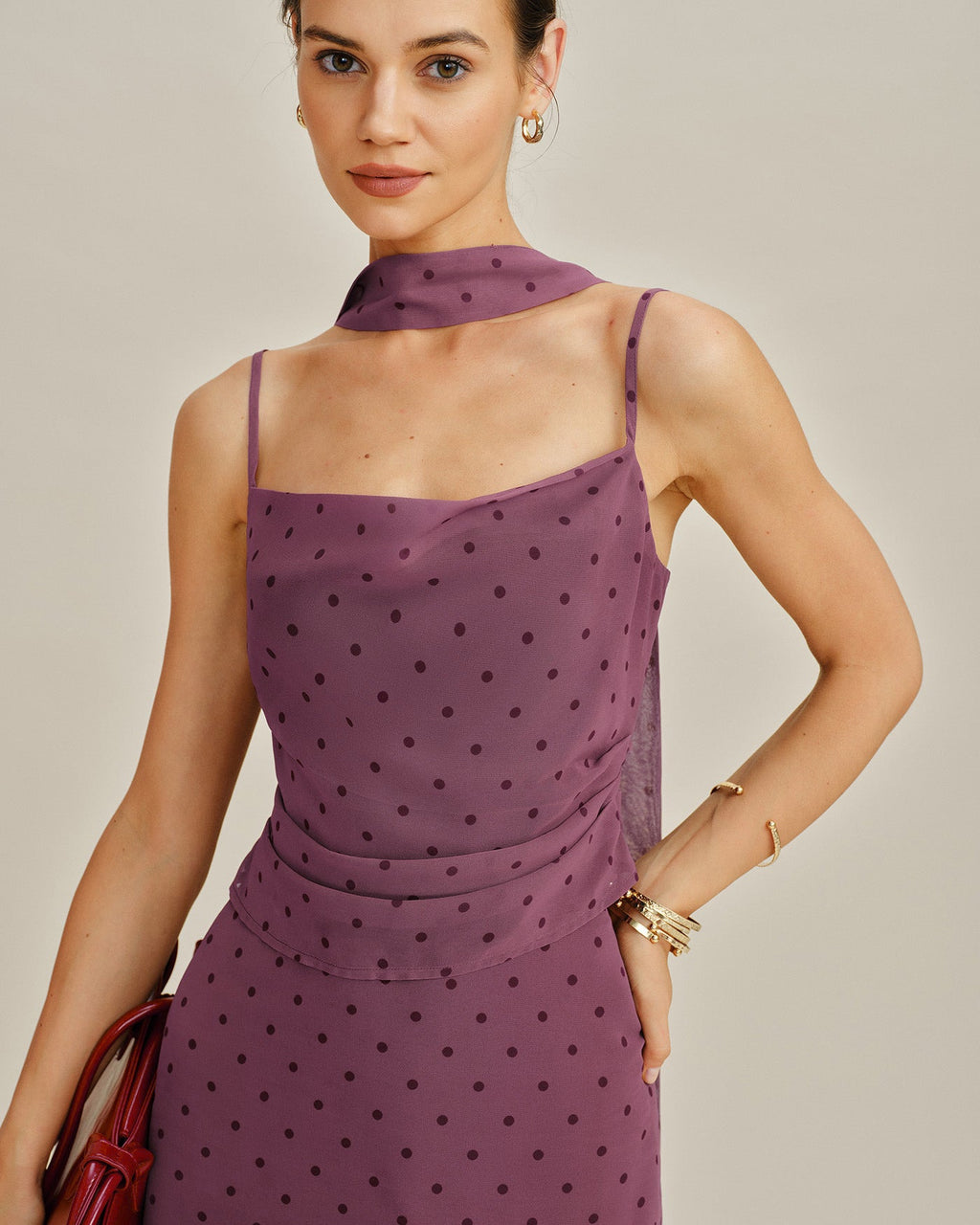 Chiffon Cami Top with Purple Polka Dots
