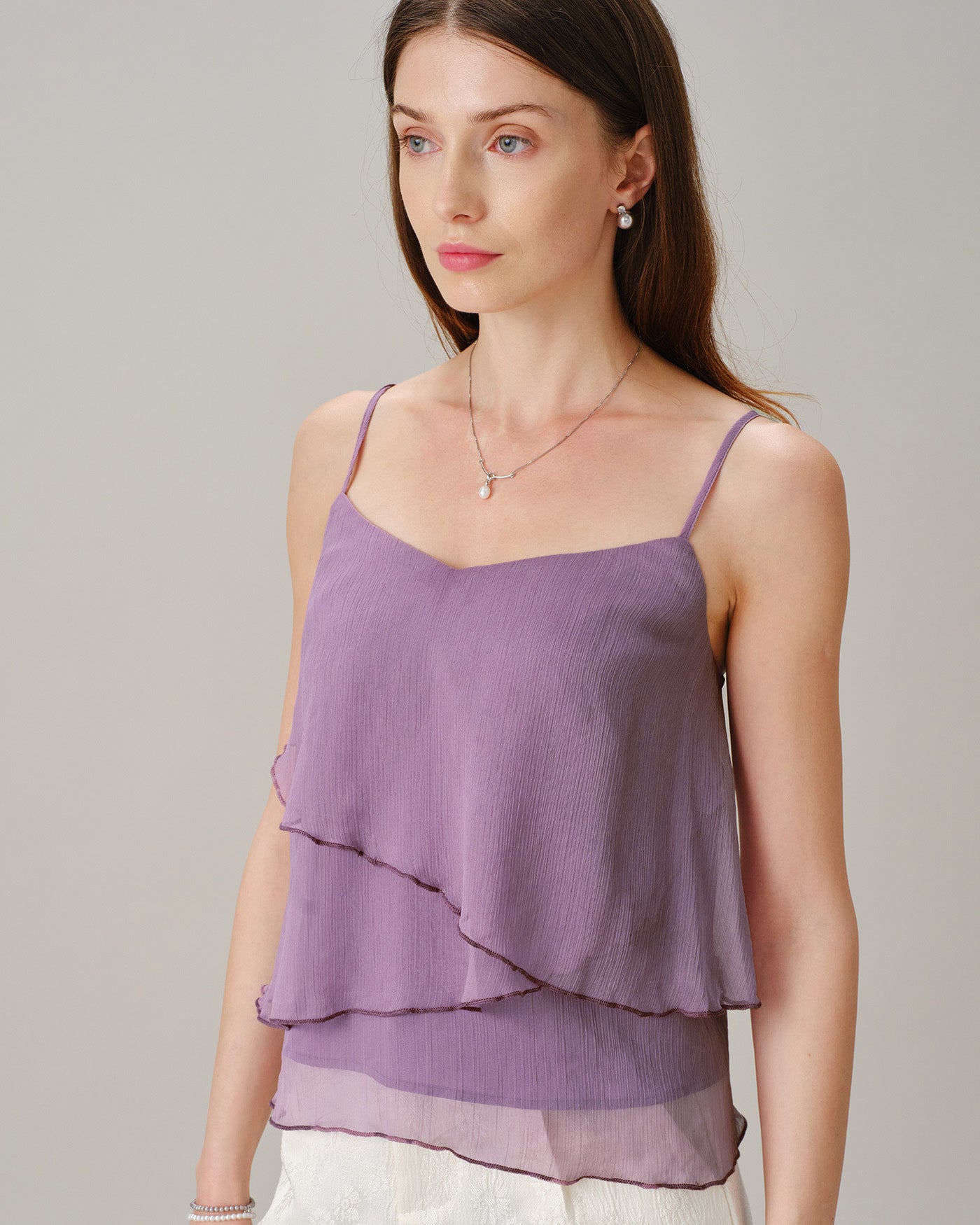 V-Neck Ruffled Chiffon Cami in Purple