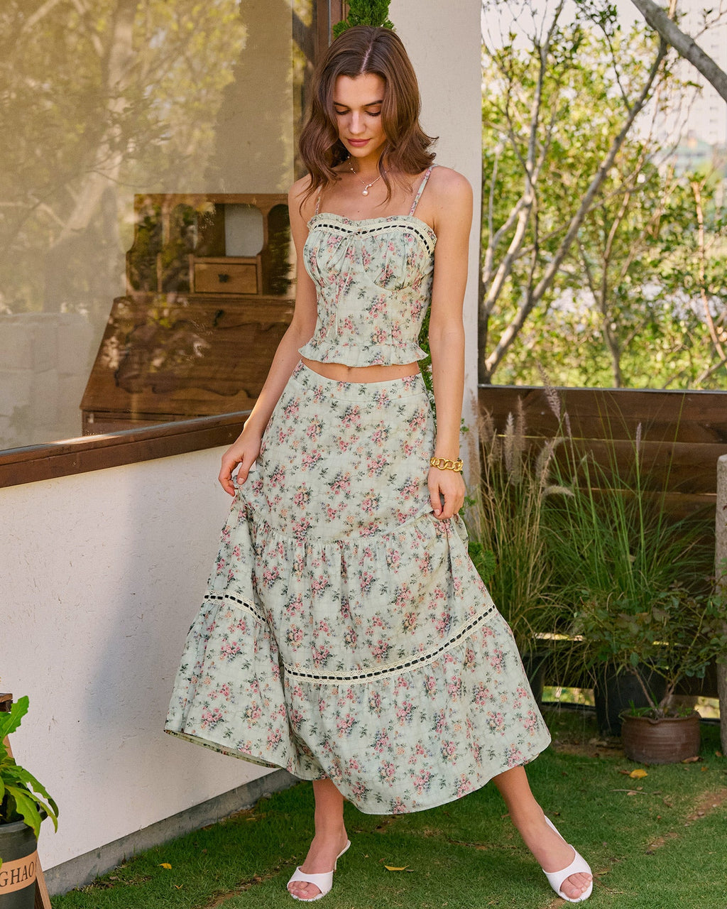 Floral Cami Top with Sweetheart Neckline in Green