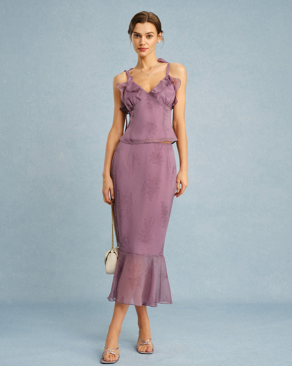 Floral Ruffle Camisole in Purple with V-Neck