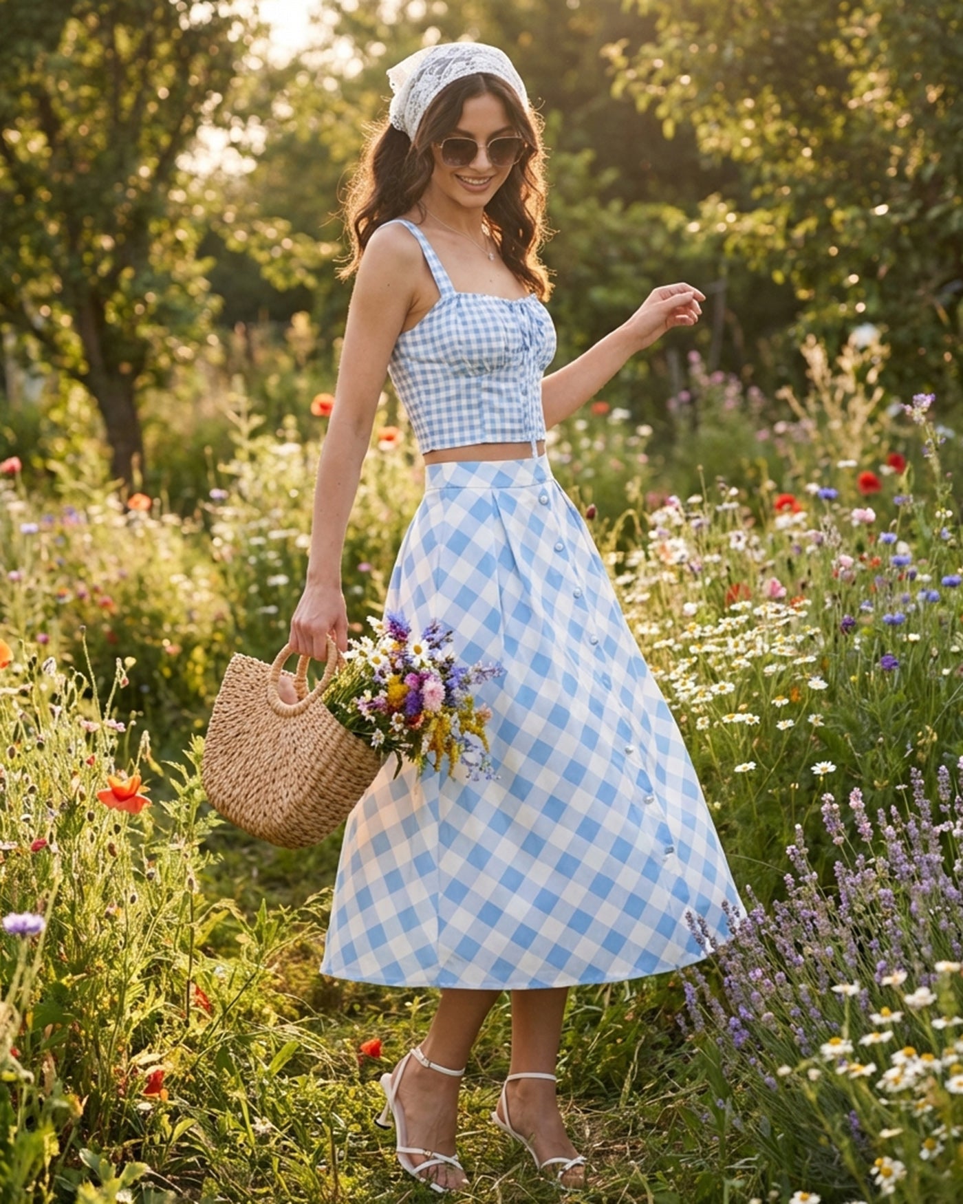 Plaid Cami Top with Blue X Cross Tie
