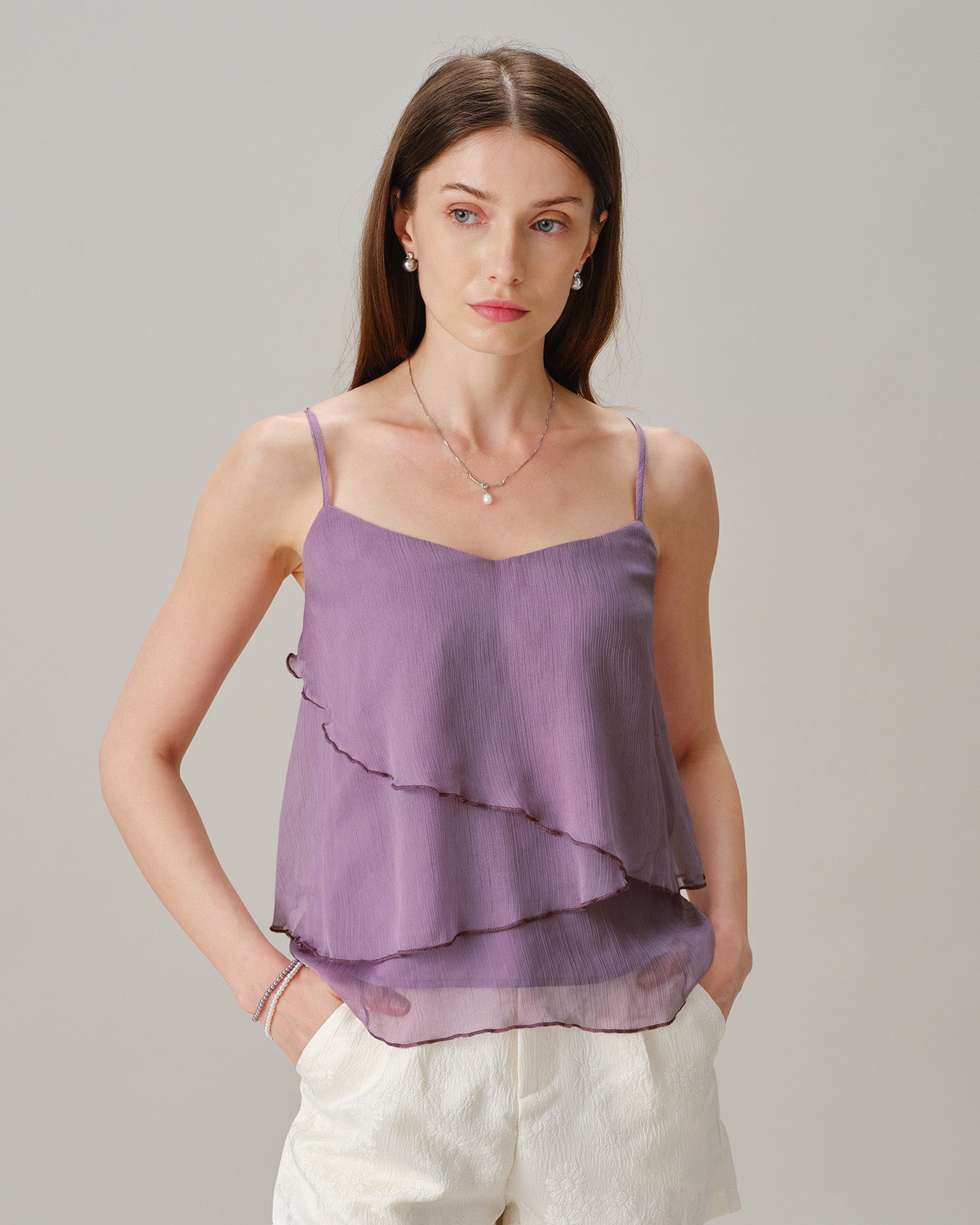 V-Neck Ruffled Chiffon Cami in Purple